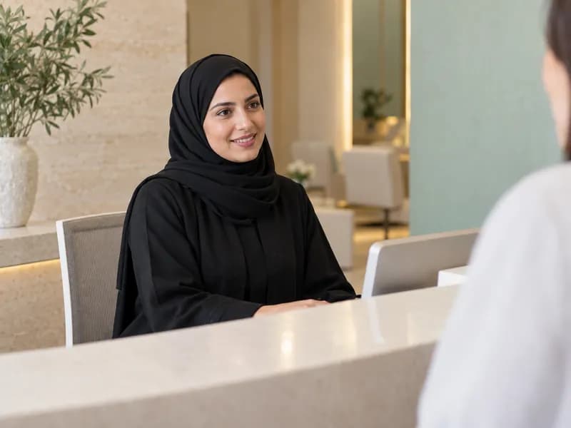 A receptionist at a bright, welcoming reception desk