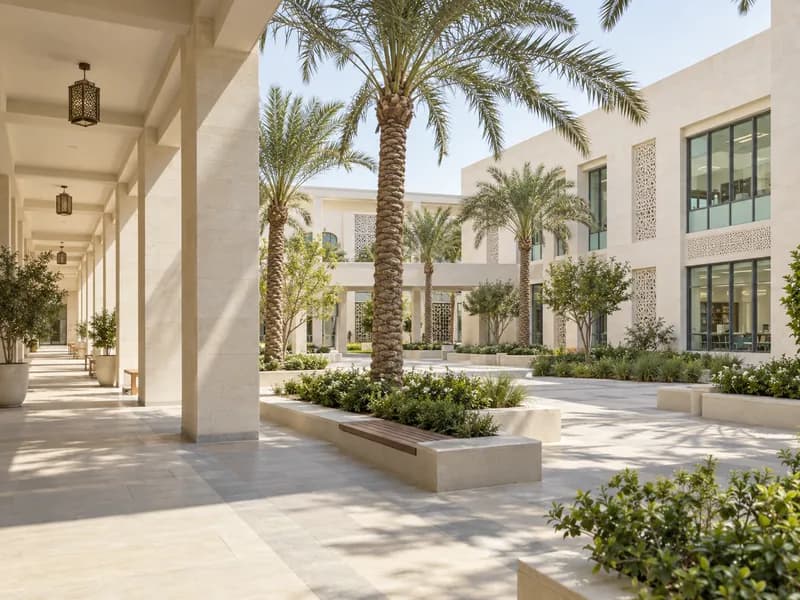 Welcoming school campus with landscaped grounds